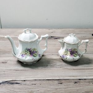 Antique RS Prussia Unmarked Porcelain Teapot &Sugar Bowl Set Violets Lily Valley